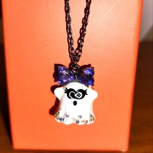 Betsey Johnson glow in the dark ghost necklace with purple bow Halloween